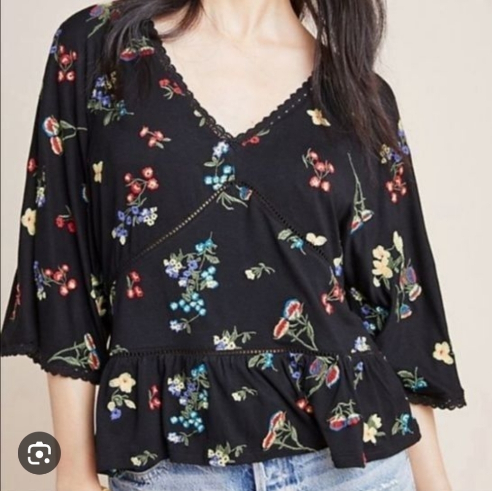 Anthropologie Black Floral Top